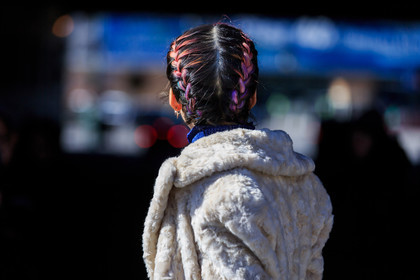 atmosphere details, AUTUMN WINTER 2016-2017, AW 16-17, braids, detail, dyed hair, fashion week, frenchystyle, fur coat, FW, FW 16-17, horizontal, irene kim, jonathan paciullo, NEW YORK, NYFW, street style, white fur, woman