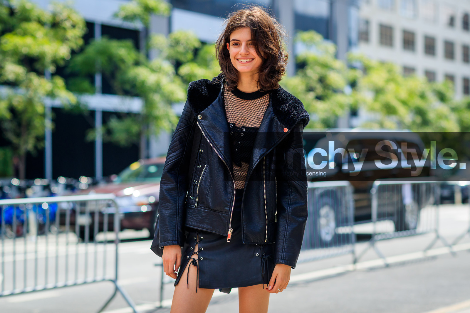 atmosphere details, black bra, black jacket, black skirt, black top, detail, fashion week, fishnet, frenchystyle, fur collar, FW, horizontal, jonathan paciullo, leather jacket, leather skirt, model, NEW YORK, NYFW, see through, shearling, SPRING SUMMER 2018, SS 18, street style, tone on tone, total look black