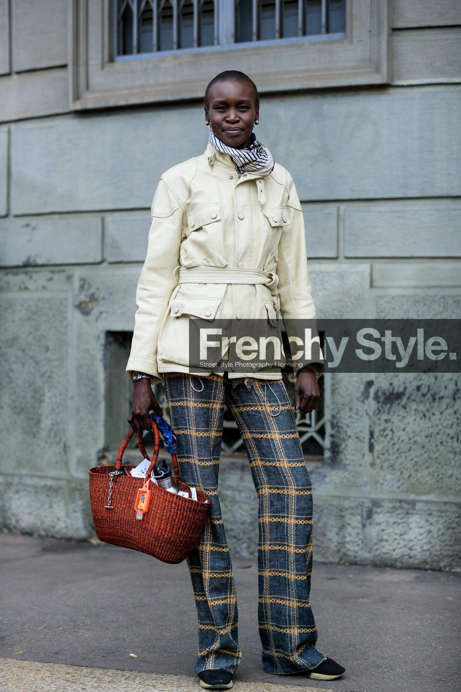 beige jacket, black and white, black shoes, brown bag, checked, graphic pants, grey pants, leather shoes, model, plaid, printed pants, printed scarf, straw bag, trousers, MILAN, MFW, fashion week, frenchystyle, FW, jonathan paciullo, street style, AUTUMN WINTER 2019-2020, AW 19-20, FALL WINTER 2019-2020, FW 19-20, vertical, full length