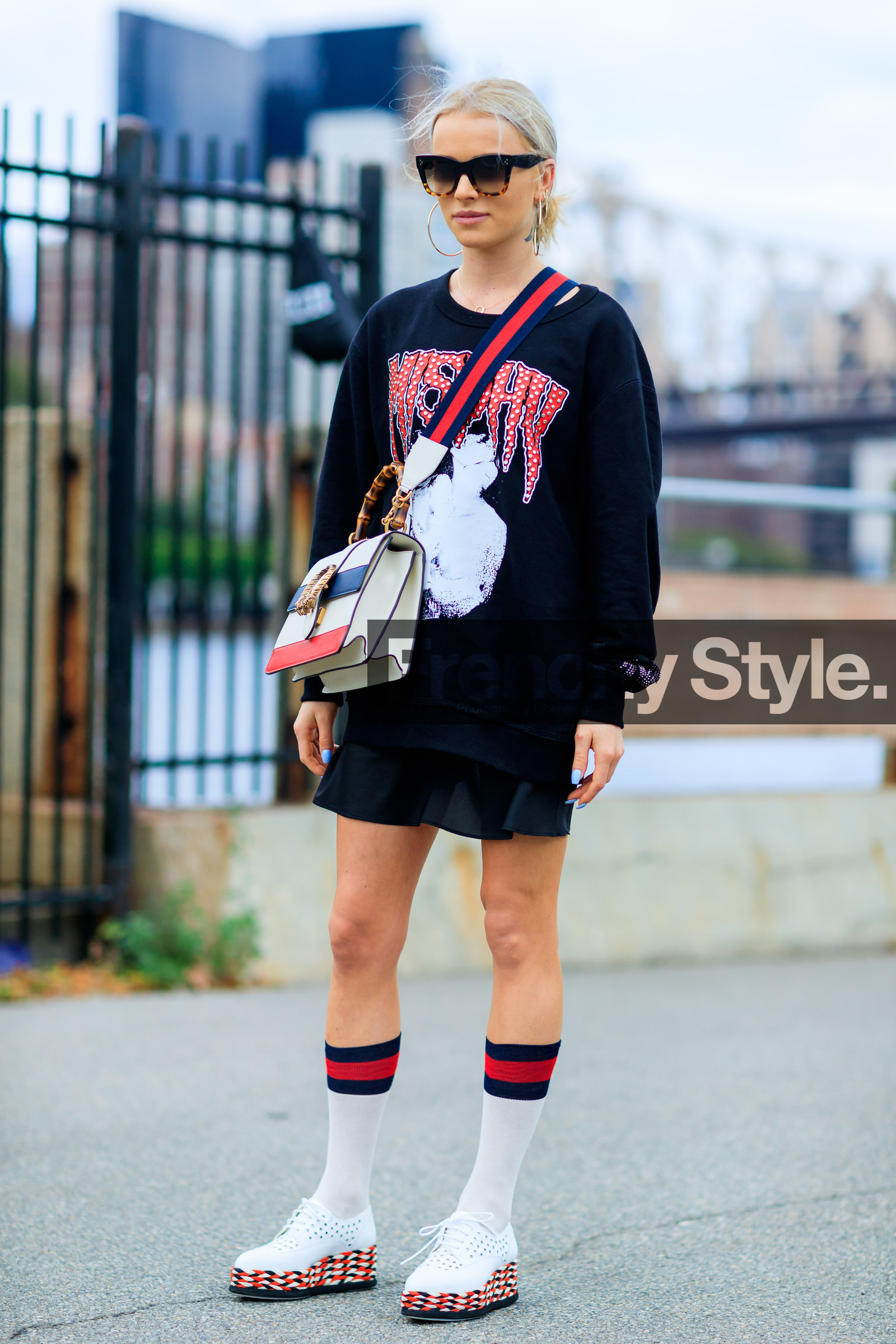 black dress, black sweater, fashion week, frenchystyle, full length, FW, geometric, graphic bag, graphic shoes, gucci, high socks, jonathan paciullo, leather bag, leather shoes, NEW YORK, NYFW, oversize, printed shoes, printed sweater, SPRING SUMMER 2017, SS 17, street style, striped bag, sunglasses, vertical, wedges, white bag, white shoes, white socks, woman