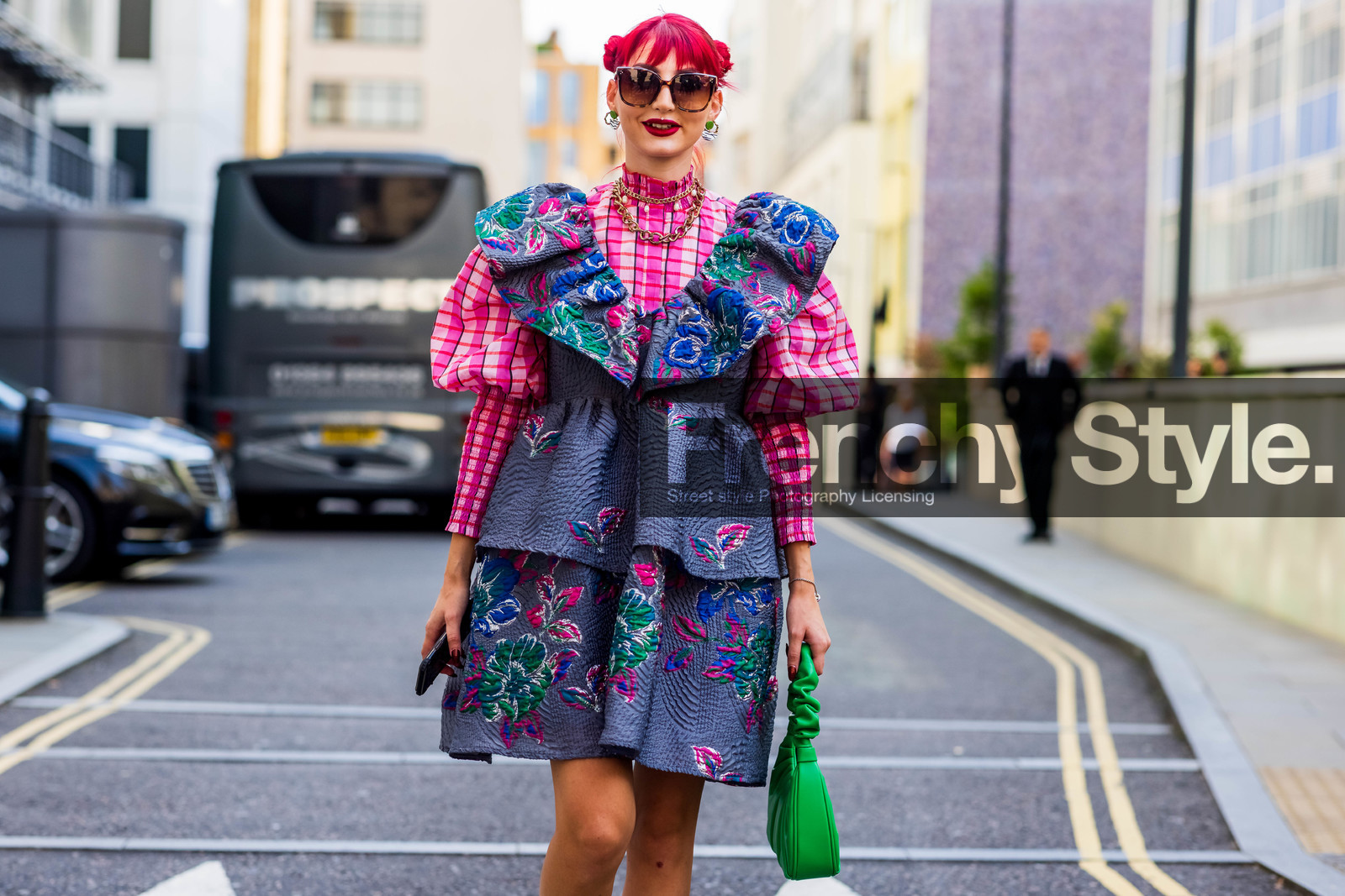 Eve Lily, print, flower dress, flowered dress, plaid shirt, ruffles, handbag, green, pink, sunglasses, earrings, necklace, fashion week, frenchystyle, FW, jonathan paciullo, street style, SPRING SUMMER 2022, SS 22, LFW, LONDON, horizontal, atmosphere details, detail