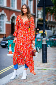 blue denim, chloé, denim pants, fashion week, floral, florrie thomas, flowers, frenchystyle, full length, FW, graphic dress, high heels, jeans, jonathan paciullo, leather bag, leather shoes, LFW, LONDON, printed dress, red bag, red dress, SPRING SUMMER 2018, SS 18, street style, trousers, vertical, white boots