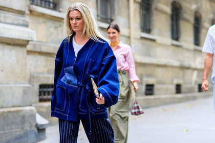 atmosphere details, blue denim, blue pants, denim jacket, detail, fashion week, frenchystyle, FW, graphic pants, horizontal, jonathan paciullo, kimono vest, MENSWEAR, PARIS, PFW, printed pants, SPRING SUMMER 2018, SS 18, street style, striped pants, trousers