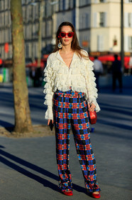 blue pants, checked, earrings, estelle pigault, graphic pants, leather bag, leather shoes, plaid, printed pants, red bag, red pants, red shoes, ruffles, sunglasses, trousers, white blouse, PARIS, PFW, street style, jonathan paciullo, FW, frenchystyle, fashion week, AUTUMN WINTER 2019-2020, AW 19-20, FALL WINTER 2019-2020, FW 19-20, vertical, full length