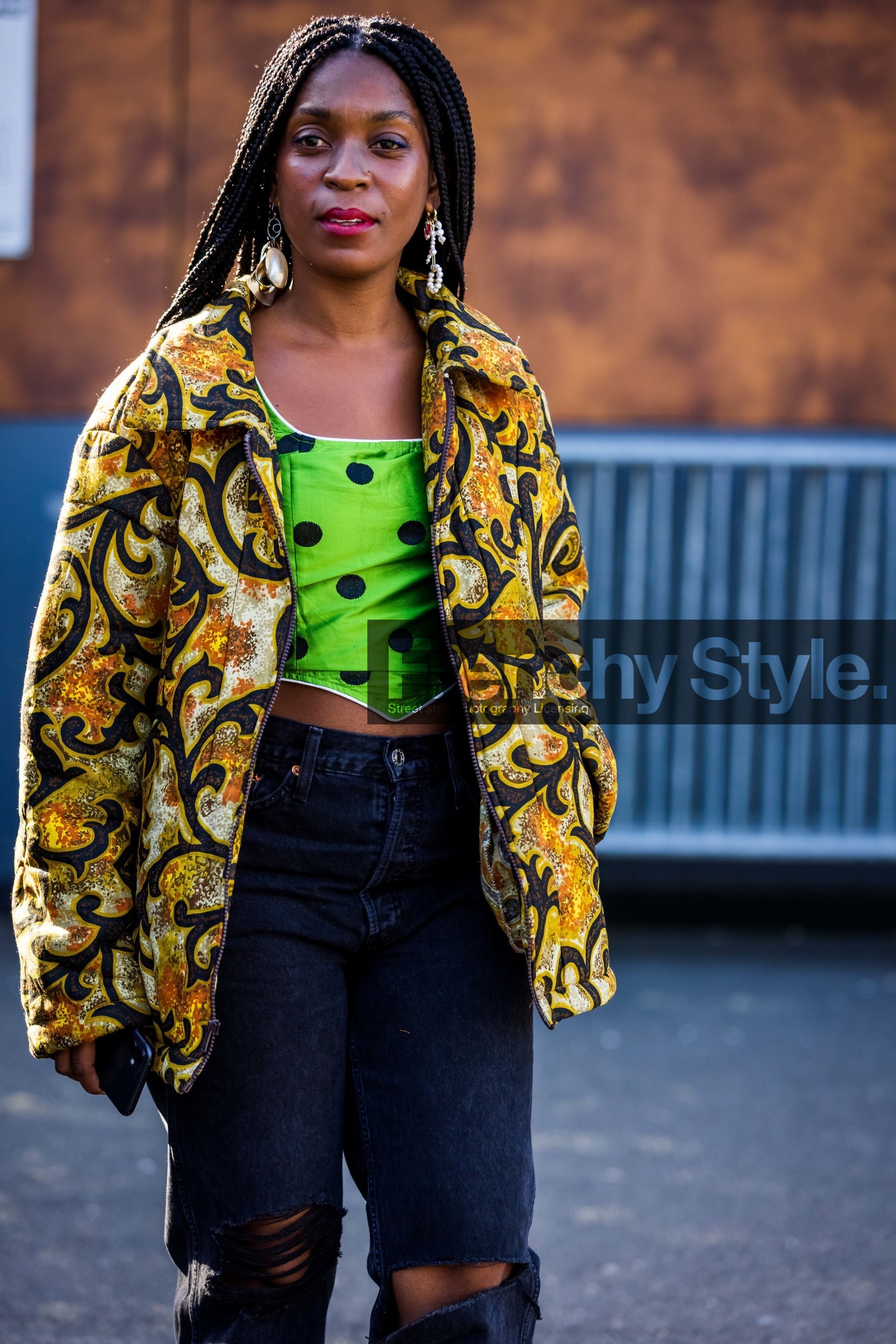 denim, destroyed denim, dots, earrings, green top, grey denim, jacket, pearl earrings, printed jacket, printed top, Rajni Lucienne Jacques, top, yellow jacket, street style, jonathan paciullo, FW, frenchystyle, fashion week, PFW, PARIS, SPRING SUMMER 2022, SS 22, vertical, atmosphere details