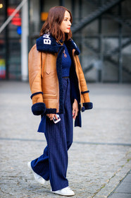 balenciaga, blue sweater, camel jacket, fur jacket, leather jacket, leather shoes, navy pants, necklace, over the shoulder, shearling, striped pants, trousers, white sneakers, fashion week, frenchystyle, FW, jonathan paciullo, street style, PFW, PARIS, SPRING SUMMER 2017, SS 17, HAUTE COUTURE, vertical, full length