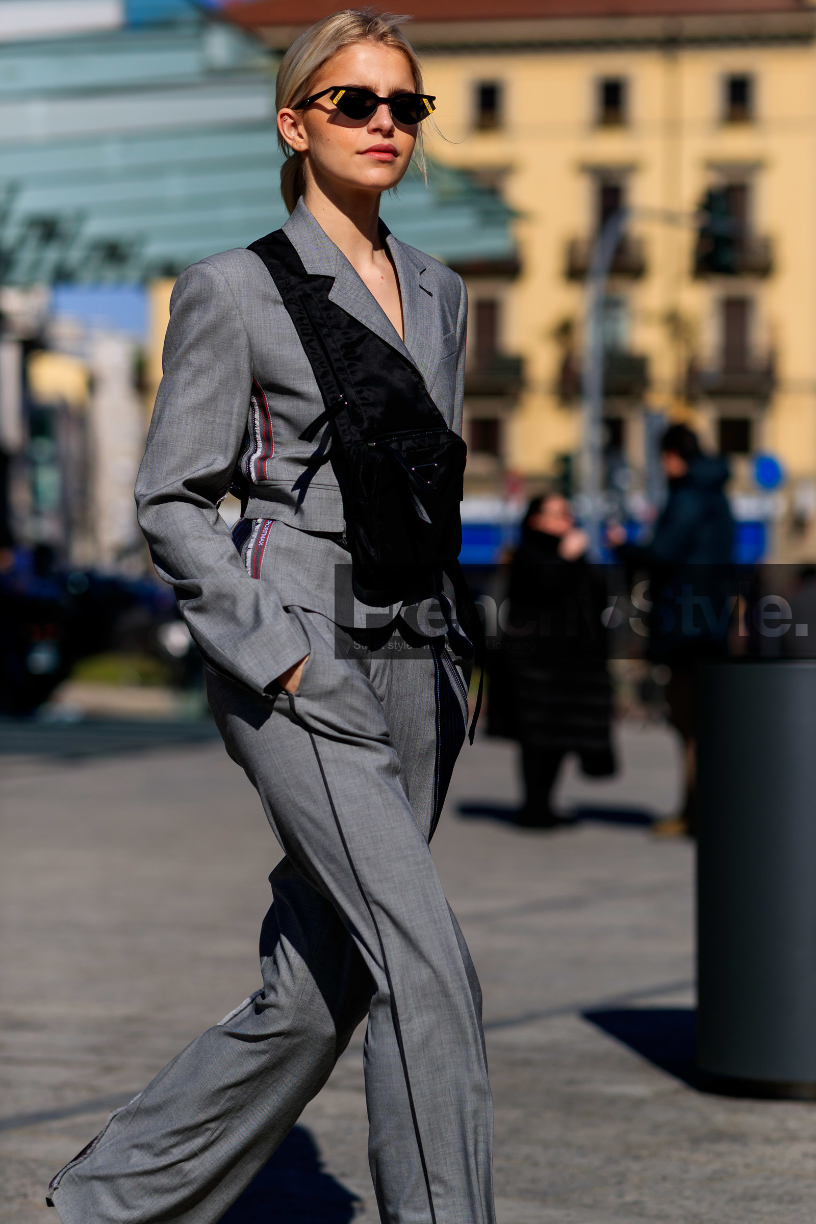 black bag, blazer, caro daur, grey jacket, grey pants, grey suit, leather bag, prada, sunglasses, trousers, MILAN, MFW, fashion week, frenchystyle, FW, jonathan paciullo, street style, AUTUMN WINTER 2019-2020, AW 19-20, FALL WINTER 2019-2020, FW 19-20, vertical, atmosphere details, detail