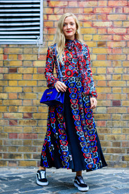black sneakers, blue bag, embroidered dress, fashion week, floral, flower, frenchystyle, full length, FW, jonathan paciullo, kate foley, leather bag, LFW, LONDON, printed dress, SPRING SUMMER 2017, SS 17, street style, vans, vertical, woman
