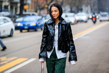 atmosphere details, AUTUMN WINTER 2017-2018, AW 17-18, black jacket, detail, FALL WINTER 2017-2018, fashion week, fendi, frenchystyle, FW, FW 17-18, green pants, horizontal, jonathan paciullo, leather jacket, MFW, MILAN, street style, trousers, varnished leather, vinyl, white shirt, yoyo cao