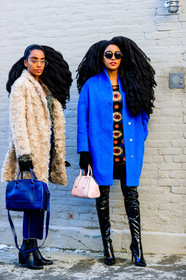 AUTUMN WINTER 2017-2018, AW 17-18, beige coat, beige fur, beige jacket, black boots, black gloves, blue bag, blue coat, Cipriana And Takenya Quann, FALL WINTER 2017-2018, fashion week, frenchystyle, full length, fur jacket, FW, FW 17-18, high heels, jonathan paciullo, knit dress, leather bag, leather boots, multicolor dress, NEW YORK, NYFW, pink bag, street style, sunglasses, trousers, varnished leather shoes, vertical
