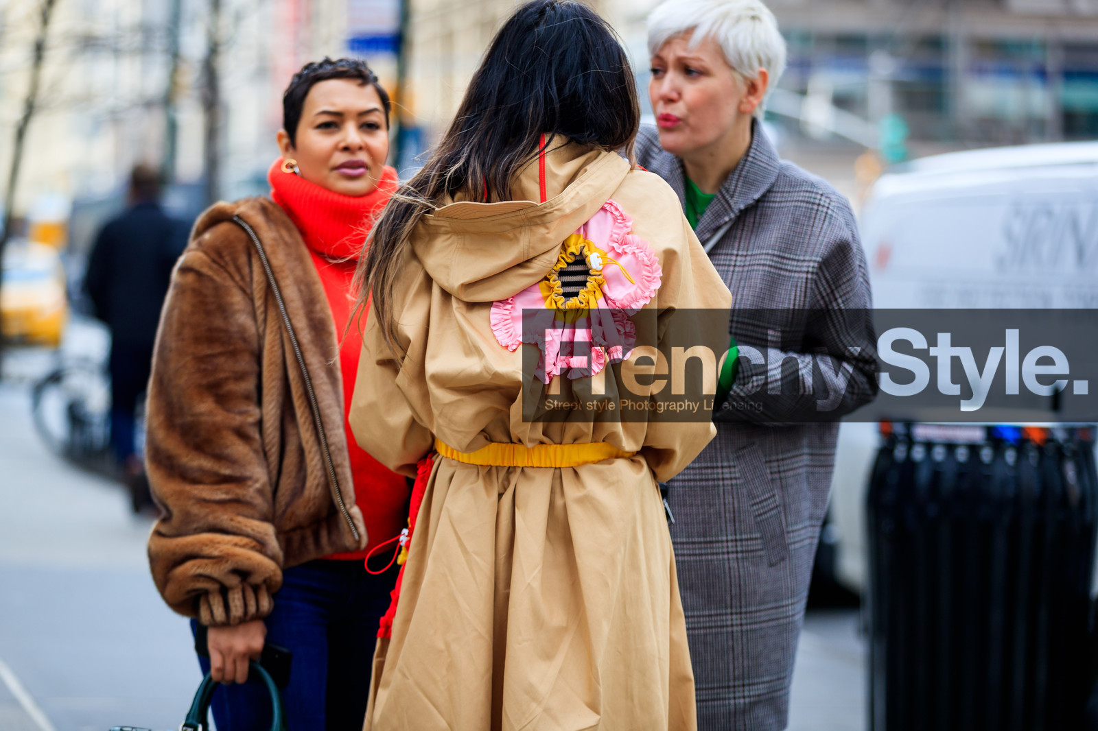 beige coat, flower, graphic jacket, printed jacket, trench coat, trousers, street style, jonathan paciullo, FW, frenchystyle, fashion week, NYFW, NEW YORK, AUTUMN WINTER 2018-2019, AW 18-19, FALL WINTER 2018-2019, FW 18-19, atmosphere details, horizontal, detail