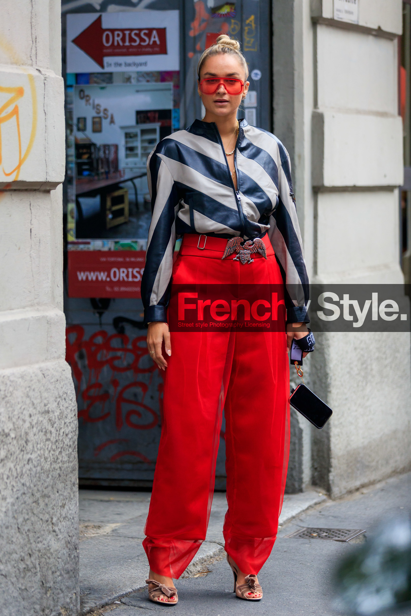 nina suess, armani total look, armani jacket, armani pants, armani sunglasses, red sunglasses, futurist shape sunglasses, striped jacket, black leather jacket, white leather jacket, zipped jacket, strassed belt, armani belt, laced sandals, velvet sandals, nude sandals, open toe shoes, fashion week, frenchystyle, FW, jonathan paciullo, street style, MFW, MILAN, SPRING SUMMER 2020, SS 20