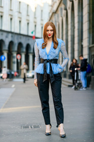 larsen thompson, light blue shirt, light blue blouse, polka dots blouse, polka dots shirt, ruffle blouse, ruffle shirt, black leather belt, black pants, black shoes, plumetis blouse, plumetis shirt, plumetis shoes, tulle shirt, tulle blouse, belted shirt, belted blouse, low necked blouse, low necked shirt, strassed shoes, lace boots, lace shirt, fashion week, frenchystyle, FW, jonathan paciullo, street style, MFW, MILAN, AUTUMN WINTER 2020-2021, FALL WINTER 2020-2021, FW 20-21, vertical, full length