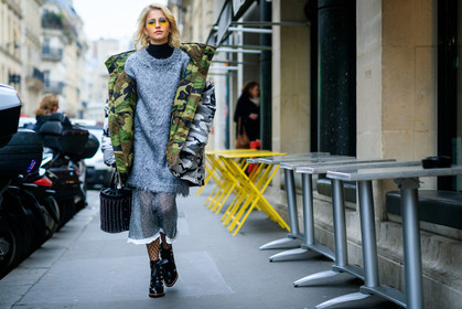 black bag, black boots, black shoes, camo jacket, camouflage, cashmere, down jacket, fishnet, grey jacket, grey skirt, grey sweater, high heels, leather bag, leather shoes, military jacket, off the shoulder, printed jacket, see through, studs, sunglasses, tights, fashion week, frenchystyle, FW, jonathan paciullo, street style, PFW, PARIS, SPRING SUMMER 2017, SS 17, HAUTE COUTURE, atmosphere details, full length, horizontal, caro daur