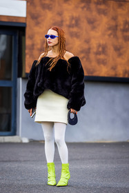 bag, beige skirt, black coat, black jacket, boots, coat, Courtney Trop, ecru skirt, electric blue sunglasses, jacket, mini bag, navy bag, off shoulder, oversize jacket, skirt, sunglasses, white tight, yellow fluo boots, street style, jonathan paciullo, FW, frenchystyle, fashion week, PFW, PARIS, SPRING SUMMER 2022, SS 22, vertical, full length