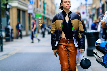 atmosphere details, black bag, black jacket, black top, body, brown pants, detail, down jacket, fashion week, frenchystyle, FW, georgia pendlebury, graphic bag, graphic jacket, horizontal, jonathan paciullo, leather bag, leather pants, LFW, LONDON, printed jacket, SPRING SUMMER 2017, SS 17, street style, trousers, woman