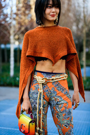 camel sweater, chloé, crop top, earrings, graphic pants, leather bag, orange bag, orange pants, printed pants, red bag, trousers, white belt, yellow bag, PARIS, PFW, street style, jonathan paciullo, FW, frenchystyle, fashion week, AUTUMN WINTER 2019-2020, AW 19-20, FALL WINTER 2019-2020, FW 19-20, vertical, atmosphere details, detail