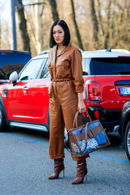 brown bag, brown boots, brown jumpsuit, graphic bag, high boots, high heels, leather bag, leather jumpsuit, leather shoes, printed bag, Tiffany Hsu, transparent bag, trousers, MILAN, MFW, fashion week, frenchystyle, FW, jonathan paciullo, street style, AUTUMN WINTER 2019-2020, AW 19-20, FALL WINTER 2019-2020, FW 19-20, vertical, full length