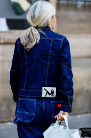 blue denim, denim jacket, denim pants, jeans, leather bag, ponytail, trousers, white bag, PARIS, PFW, street style, jonathan paciullo, FW, frenchystyle, fashion week, AUTUMN WINTER 2019-2020, AW 19-20, FALL WINTER 2019-2020, FW 19-20, vertical, atmosphere details, detail