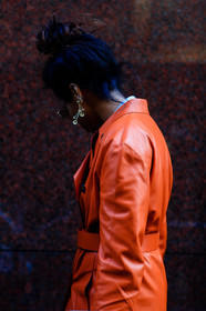 AUTUMN WINTER 2017-2018, AW 17-18, bun, earrings, FALL WINTER 2017-2018, fashion week, frenchystyle, full length, FW, FW 17-18, jan-michael quammie, jonathan paciullo, leather coat, NEW YORK, NYFW, orange coat, street style, sunglasses, vertical