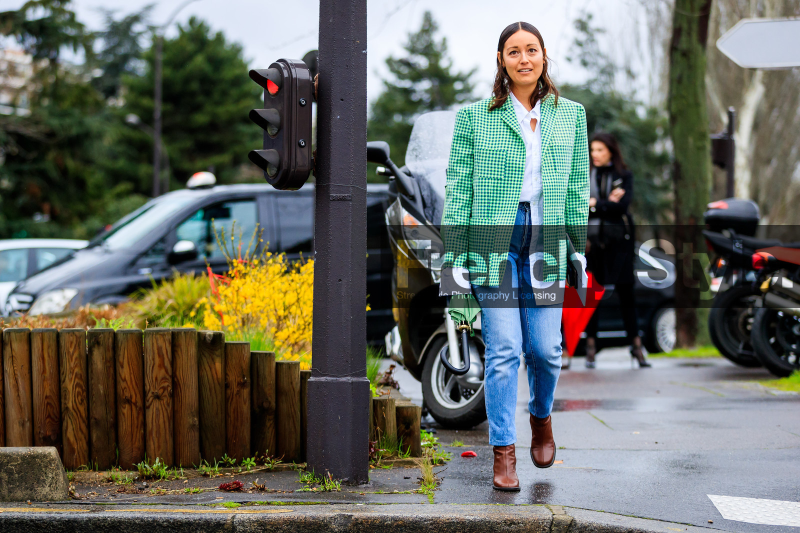 atmosphere details, AUTUMN WINTER 2017-2018, AW 17-18, blazer, blue denim, brown boots, checked jacket, denim pants, FALL WINTER 2017-2018, fashion week, frenchystyle, full length, FW, FW 17-18, gingham, graphic jacket, green jacket, horizontal, jeans, jonathan paciullo, leather shoes, PARIS, PFW, plaid, printed jacket, rachael wang, street style, tartan, trousers, white shirt