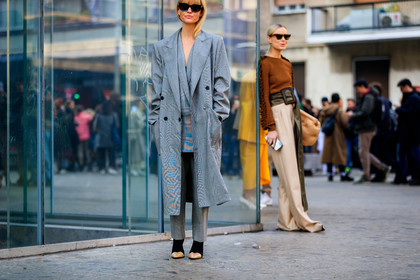 black shoes, blazer, céline, grey coat, grey jacket, grey pants, grey suit, high heels, jeanette madsen, leather shoes, sunglasses, thora valdimars, trousers, MILAN, MFW, fashion week, frenchystyle, FW, jonathan paciullo, street style, AUTUMN WINTER 2019-2020, AW 19-20, FALL WINTER 2019-2020, FW 19-20, atmosphere details, detail, horizontal