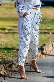 denim pants, embroidered jeans, glitter, graphic pants, high heels, jeans, jessica kahawaty, leather shoes, printed pants, sequined pants, sequined shoes, shiny shoes, transparent shoes, trousers, white denim, white pants, white sweater, MILAN, MFW, fashion week, frenchystyle, FW, jonathan paciullo, street style, AUTUMN WINTER 2019-2020, AW 19-20, FALL WINTER 2019-2020, FW 19-20, vertical, atmosphere details, detail