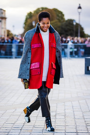 bicolor shoes, black boots, black pants, boots, clutch, color, grey coat, knitwear, leather pants, louis vuitton look, pants, red coat, Tamu McPherson, white knitwear, cape coat, fashion week, frenchystyle, FW, jonathan paciullo, street style, PFW, PARIS, SPRING SUMMER 2022, SS 22, vertical, full length