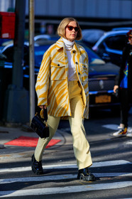 jessie bush, yellow shirt, yellow jacket, white pullover, turtleneck pullover, light yellow pants, isabel marant jacket, isabel marant shirt, black leather bag, scale sunglasses, red sunglasses, wandler bag, hand bag, prada shoes, big sole shoes, black polish boots, flat boots, fashion week, frenchystyle, FW, jonathan paciullo, street style, FALL WINTER 2020-2021, AUTUMN WINTER 2020-2021, FW 20-21, vertical, full length, NYFW, NEW YORK