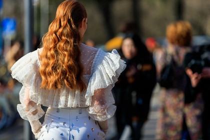 crop top, denim pants, embroidered jeans, glitter, graphic pants, jeans, lace top, printed pants, pulled back hair, ruffles, satin stitch, see through, sequined pants, trousers, white denim, white top, MILAN, MFW, fashion week, frenchystyle, FW, jonathan paciullo, street style, AUTUMN WINTER 2019-2020, AW 19-20, FALL WINTER 2019-2020, FW 19-20, atmosphere details, detail, horizontal