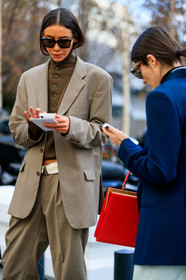 beige jacket, beige pants, beige suit, blazer, brown sweater, julie pelipas, sunglasses, trousers, PARIS, PFW, street style, jonathan paciullo, FW, frenchystyle, fashion week, AUTUMN WINTER 2019-2020, AW 19-20, FALL WINTER 2019-2020, FW 19-20, vertical, atmosphere details, detail