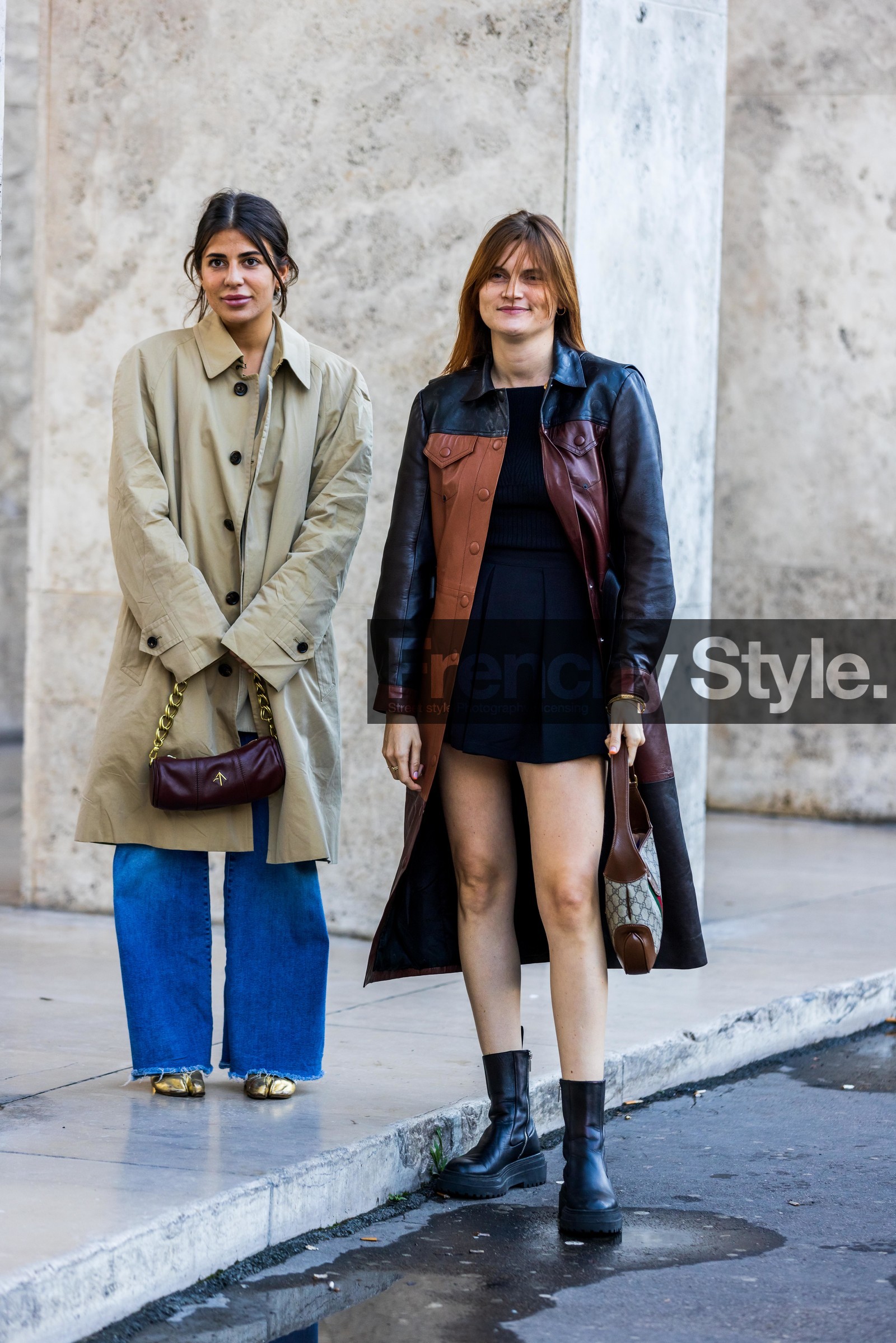 beige trench, bicolor, black boots, black coat, black dress, black skirt, black top, boots, brown bag, brown coat, coat, denim, duo, Eugénie Trochu, flare pants, gold shoes, gucci bag, jean, large denim, large jean, leather bag, leather boots, leather coat, logo bag, logo print, long coat, manu atelier bag, mini skirt, pleated skirt, printed bag, short dress, skirt, trench, fashion week, frenchystyle, FW, jonathan paciullo, street style, PFW, PARIS, SPRING SUMMER 2022, SS 22, vertical, full length