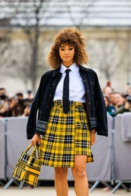 blue tie, white shirt, denim jacket, plaid skirt, yellow skirt, dior bag, yellow bag, school girl style, lena mahfouf, fashion week, frenchystyle, FW, jonathan paciullo, street style, AUTUMN WINTER 2022-2023, FALL WINTER 2022_2023, FW 22-23, PFW, PARIS, vertical, detail