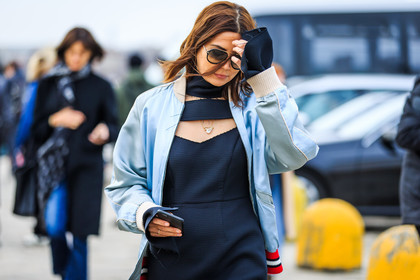 atmosphere details, AUTUMN WINTER 2016-2017, aviator sunglasses, AW 16-17, black dress, blue jacket, bomber jacket, Christine Centenera, detail, FALL WINTER 2016-2017, fashion week, frenchystyle, FW, FW 16-17, geometric, graphic dress, gucci, horizontal, jonathan paciullo, LFW, LONDON, MENSWEAR, satin, street style, sunglasses