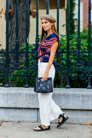 beret, black bag, black sandals, black shoes, blue top, brown hat, denim pants, embroidered bag, graphic bag, jeans, leather bag, leather shoes, printed bag, sequined bag, stripes, trousers, white denim, fashion week, frenchystyle, FW, jonathan paciullo, street style, NYFW, NEW YORK, SPRING SUMMER 2019, SS 19, vertical, full length