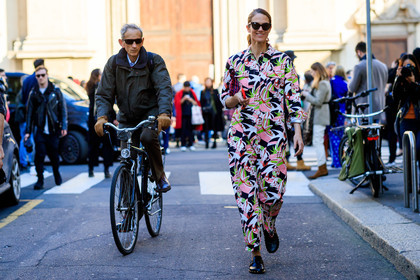 black shoes, graphic jacket, graphic jumpsuit, graphic pants, j.j martin, leather bag, leather shoes, multicolor jumpsuit, printed jacket, printed jumpsuit, printed pants, sunglasses, trousers, MILAN, MFW, fashion week, frenchystyle, FW, jonathan paciullo, street style, AUTUMN WINTER 2019-2020, AW 19-20, FALL WINTER 2019-2020, FW 19-20, atmosphere details, full length, horizontal