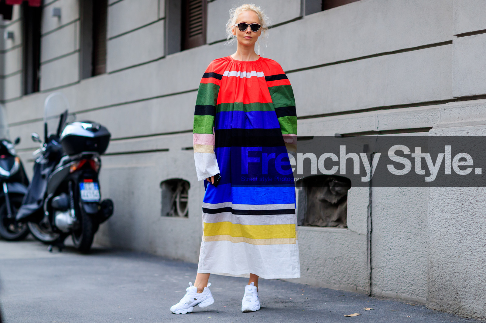 atmosphere details, AUTUMN WINTER 2017-2018, AW 17-18, FALL WINTER 2017-2018, fashion week, frenchystyle, full length, FW, FW 17-18, geometric, graphic dress, horizontal, jonathan paciullo, leather shoes, long dress, MFW, MILAN, multicolor dress, olga karput, patchwork, printed dress, street style, striped dress, sunglasses, trousers, white sneakers