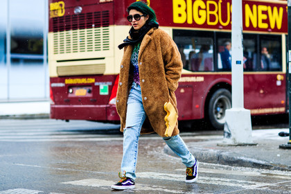 atmosphere details, AUTUMN WINTER 2016-2017, AW 16-17, black sneakers, blue denim, brown coat, brown fur, denim pants, dyed hair, fashion week, frenchystyle, full length, fun bag, fur coat, fur jacket, FW, FW 16-17, gold bag, horizontal, jeans, jonathan paciullo, leather bag, NEW YORK, NYFW, Preetma Singh, sequined top, street style, sunglasses, trousers, vans, woman