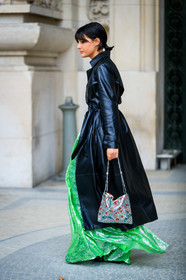 black coat, graphic bag, green dress, leather bag, leather coat, maria bernad, metallic bag, paco rabanne, printed bag, shiny bag, silver bag, trench coat, velvet, PARIS, PFW, street style, jonathan paciullo, FW, frenchystyle, fashion week, AUTUMN WINTER 2019-2020, AW 19-20, FALL WINTER 2019-2020, FW 19-20, vertical, full length