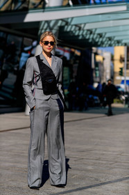 black bag, blazer, caro daur, grey jacket, grey pants, grey suit, leather bag, prada, sunglasses, trousers, MILAN, MFW, fashion week, frenchystyle, FW, jonathan paciullo, street style, AUTUMN WINTER 2019-2020, AW 19-20, FALL WINTER 2019-2020, FW 19-20, vertical, full length