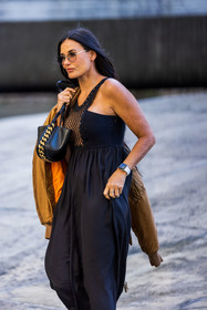bag, black bag, black dress, Demi Moore, dress, gold chain, mesh, stella mccartney bag, watch, fashion week, frenchystyle, FW, jonathan paciullo, street style, PFW, PARIS, SPRING SUMMER 2022, SS 22, vertical, atmosphere details