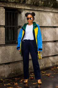 aviator sunglasses, bag, blue jacket, color, Ellie Delphine, heels, jacket, jogging, manolo blahnik heels, navy jogging, pants, printed bag, python print, statement heels, sunglasses, t-shirt, track pants, white t-shirt, yellow bag, yellow heels, yellow jacket, lacoste, fashion week, frenchystyle, FW, jonathan paciullo, street style, PFW, PARIS, SPRING SUMMER 2022, SS 22, vertical, full length