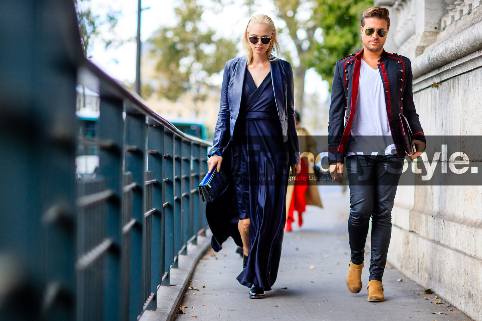atmosphere details, black jacket, black pants, blue dress, brown boots, fashion week, frenchystyle, full length, FW, horizontal, jonathan paciullo, leather bag, leather jacket, leather pants, leather shoes, long dress, model, PARIS, PFW, silk dress, SPRING SUMMER 2017, SS 17, street style, suede shoes, sunglasses, Tanya Dziahileva, tone on tone, total look blue, trousers, white t shirt