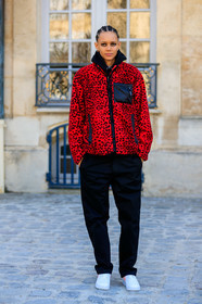 animal print, black pants, braids, earrings, eyeliner, graphic jacket, leather shoes, leona binx walton, leopard, model, printed jacket, red jacket, trousers, white shoes, PARIS, PFW, street style, jonathan paciullo, FW, frenchystyle, fashion week, AUTUMN WINTER 2019-2020, AW 19-20, FALL WINTER 2019-2020, FW 19-20, vertical, full length