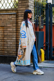 balenciaga, beige coat, blue denim, denim pants, graffiti, graphic jacket, jeans, leather shoes, printed jacket, trousers, white shoes, white sneakers, MILAN, MFW, fashion week, frenchystyle, FW, jonathan paciullo, street style, AUTUMN WINTER 2019-2020, AW 19-20, FALL WINTER 2019-2020, FW 19-20, vertical, full length