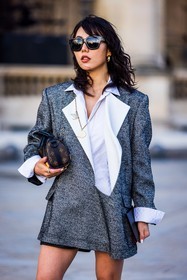 bag, blazer, brooch, brown bag, grey blazer, loafers, logo bag, louis vuitton bag, shirt, sunglasses, white shirt, Xiayan, fashion week, frenchystyle, FW, jonathan paciullo, street style, PFW, PARIS, SPRING SUMMER 2022, SS 22, vertical, atmosphere details