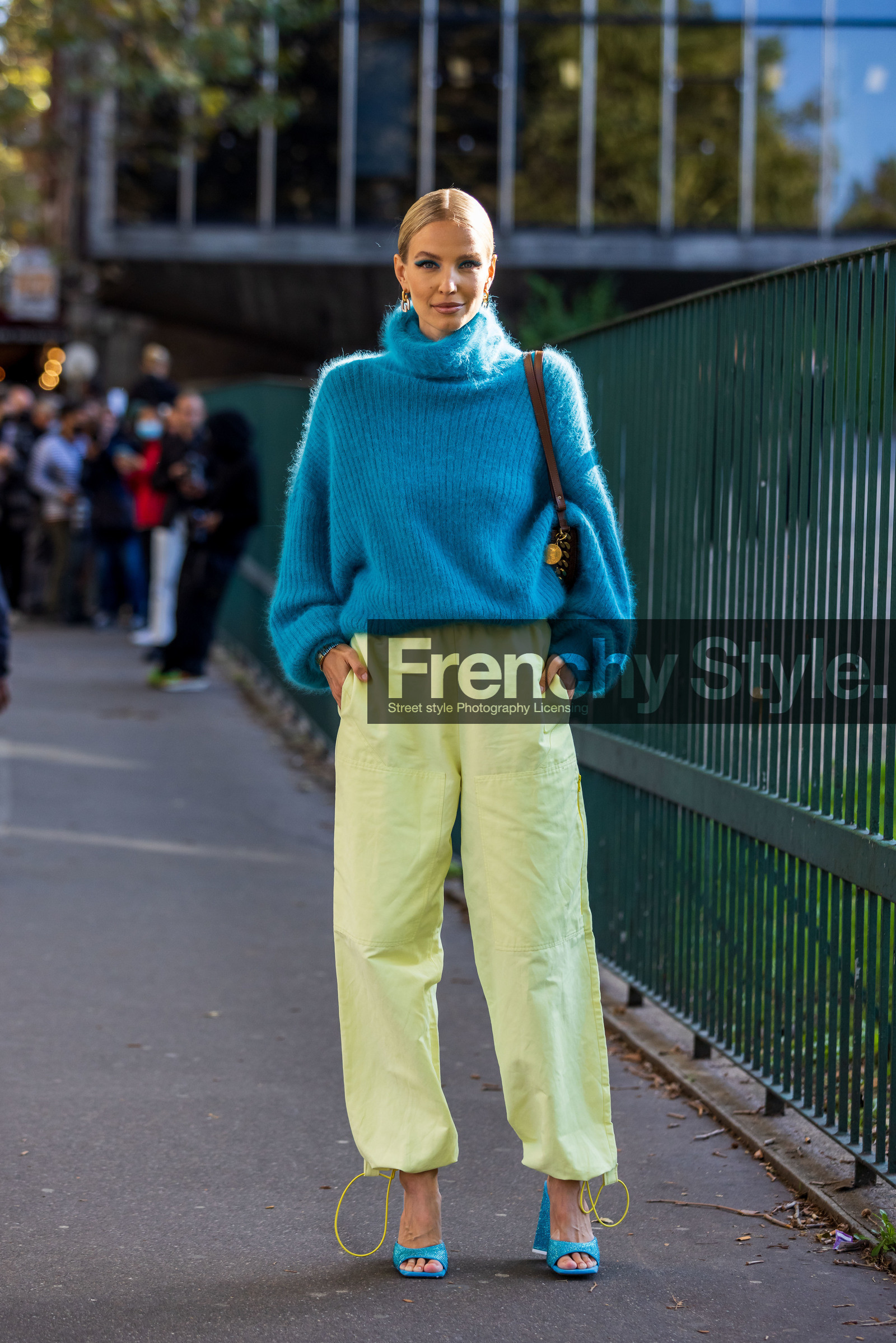 blue sandals, blue turtleneck, knitwear, large pants, Leonie Hanne, pants, sandals, turquoise knitwear, turquoise sandals, turquoise turtleneck, turtleneck, yellow pants, fashion week, frenchystyle, FW, jonathan paciullo, street style, PFW, PARIS, SPRING SUMMER 2022, SS 22, vertical, full length