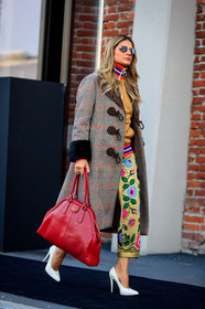 brown coat, checked, embroideries, floral, flowers, graphic jacket, graphic pants, gucci, high heels, leather bag, leather shoes, plaid, printed jacket, printed pants, red bag, sunglasses, trousers, white shoes, yellow jacket, yellow pants, fashion week, frenchystyle, FW, jonathan paciullo, street style, MFW, MILAN, AUTUMN WINTER 2018-2019, FALL WINTER 2018-2019, FW 18-19, vertical, full length, thassia naves