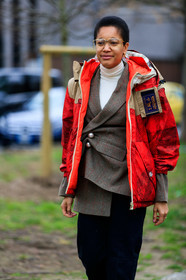 black pants, blazer, blue denim, brown jacket, checked, denim pants, earrings, graphic jacket, jeans, plaid, printed jacket, red jacket, sunglasses, tamu mcpherson, trousers, turtleneck sweater, white sweater, woolrich, MILAN, MFW, fashion week, frenchystyle, FW, jonathan paciullo, street style, AUTUMN WINTER 2019-2020, AW 19-20, FALL WINTER 2019-2020, FW 19-20, vertical, atmosphere details, detail