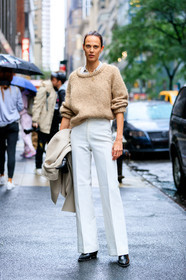 aymeline valade, beige coat, beige sweater, black shoes, leather shoes, model, necklace, trousers, white pants, street style, jonathan paciullo, FW, frenchystyle, fashion week, NYFW, NEW YORK, SPRING SUMMER 2019, SS 19, vertical, full length
